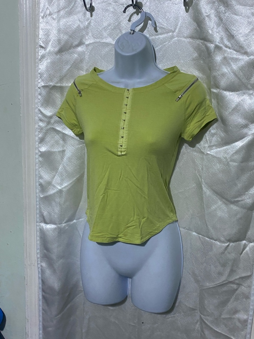 Y2K Women's Short Sleeve Lime Green Top with Zipper Accents